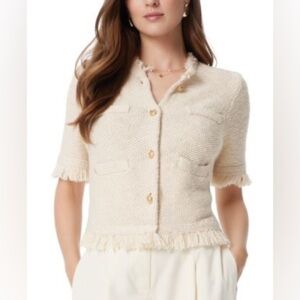 Sam Edelman Sweater Women’s XL Ivy Fringe Trim Short Sleeve Jacket Cream